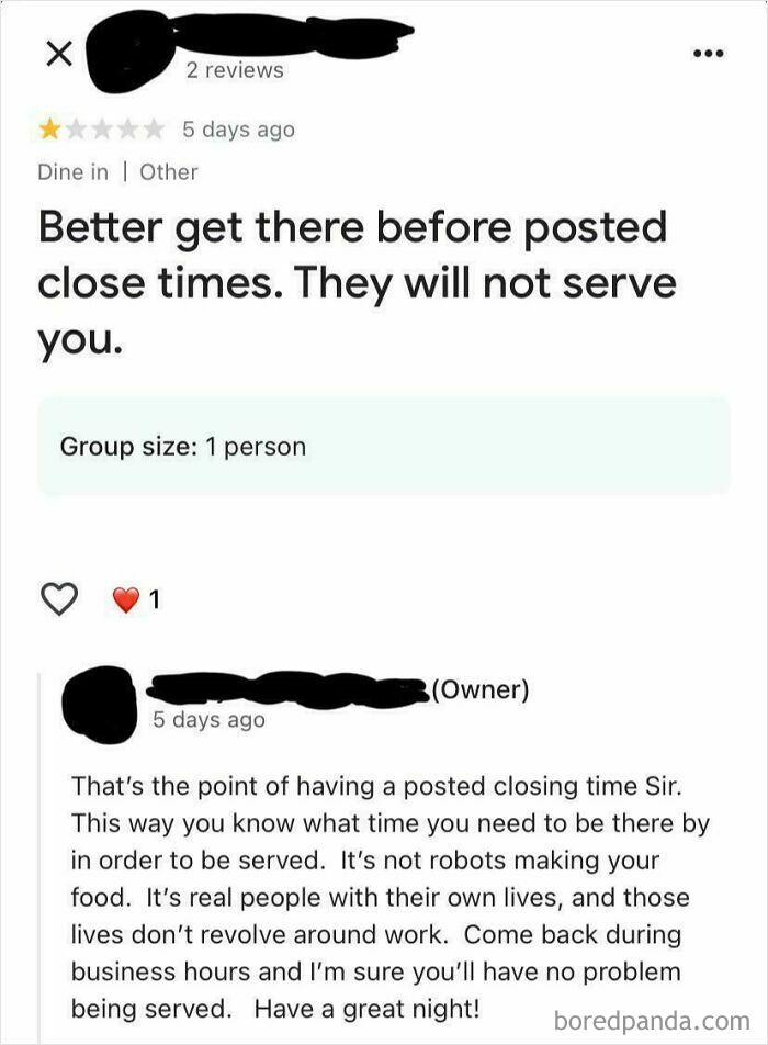 Absurd review from an entitled customer complaining about posted closing times and restaurant service hours.