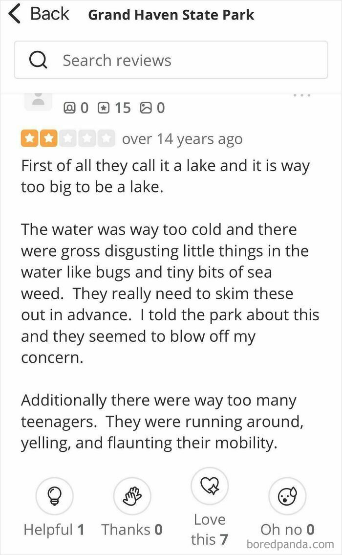 Absurd review of Grand Haven State Park lake complaining about cold water, bugs, and noisy teenagers flaunting mobility.