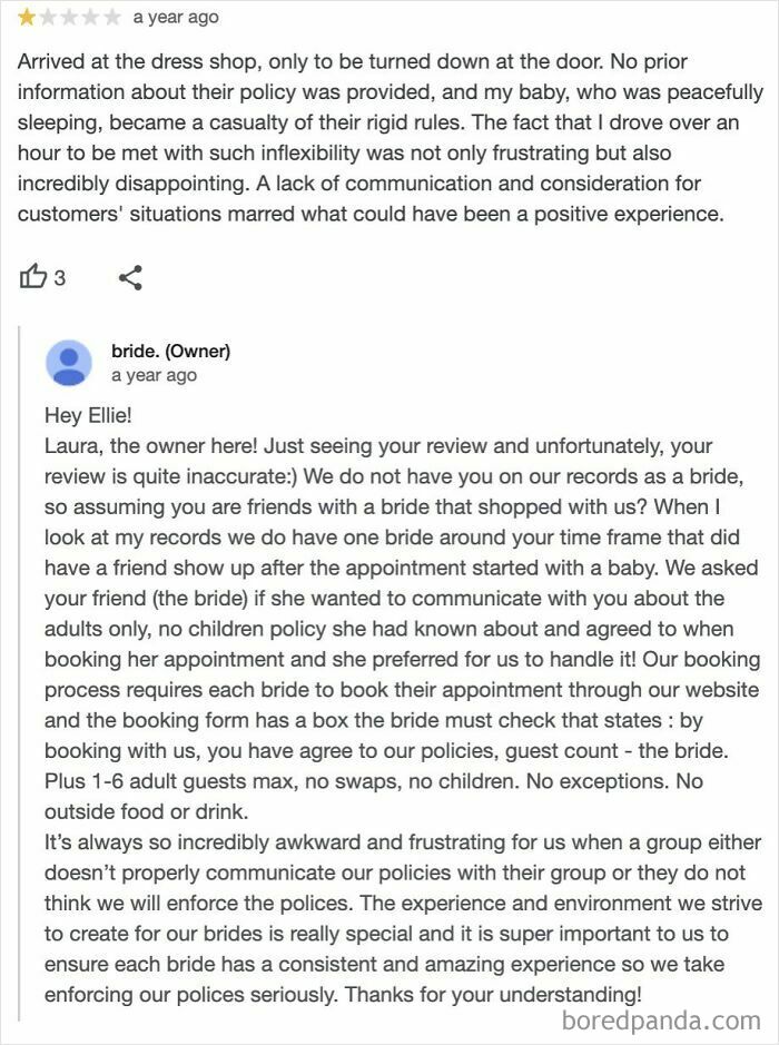 One-star dress shop review from entitled customer highlights misunderstandings of rigid policies and service frustrations.