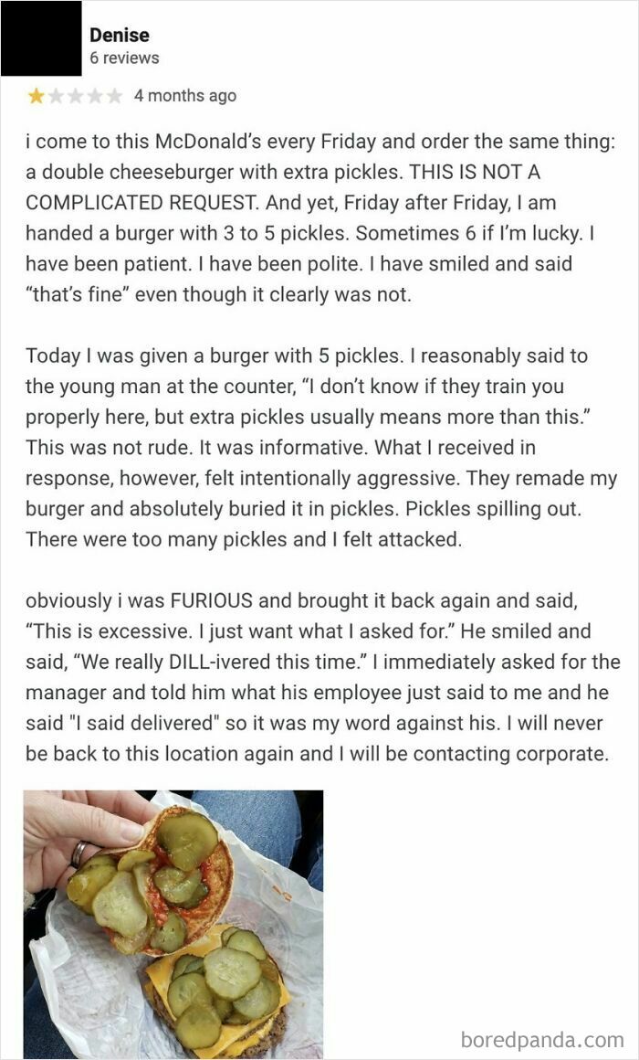 Customer review complaining about excessive pickles on a cheeseburger, illustrating absurd entitled reviews online.