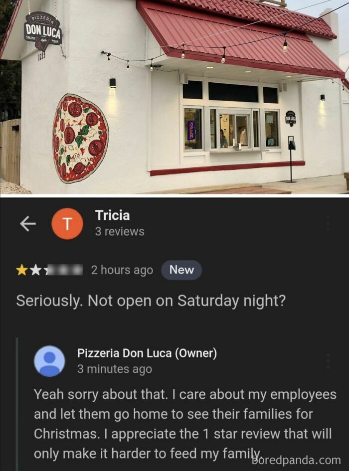 Pizzeria exterior with a customer’s absurd review and owner’s response highlighting entitled behavior and world misunderstandings.