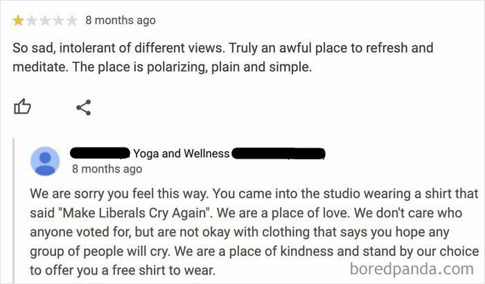 Screenshot of an absurd online review from an entitled customer showing misunderstanding in a wellness studio setting.