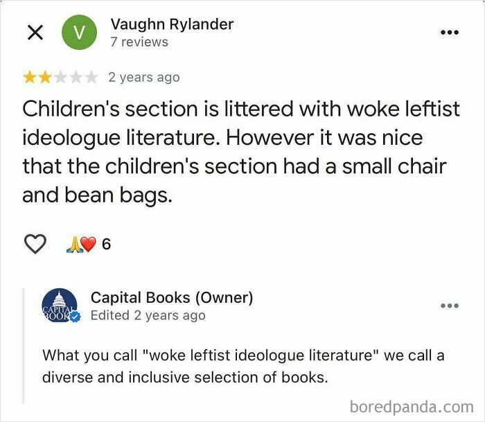 Screenshot of an absurd review complaining about woke literature in a children's book section with a bookshop owner's reply.