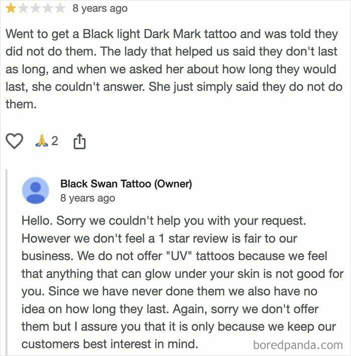 Customer leaves absurd one-star review after tattoo shop refuses UV tattoo, highlighting entitled misunderstandings in absurd reviews collection.