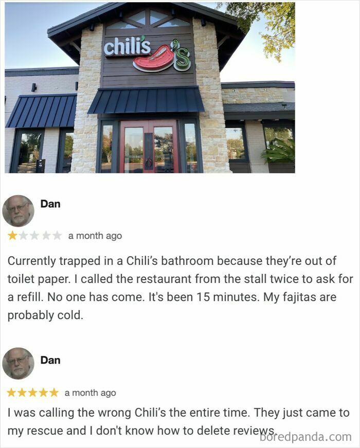 Restaurant entrance of Chili’s with absurd customer reviews about being trapped in the bathroom and service confusion.