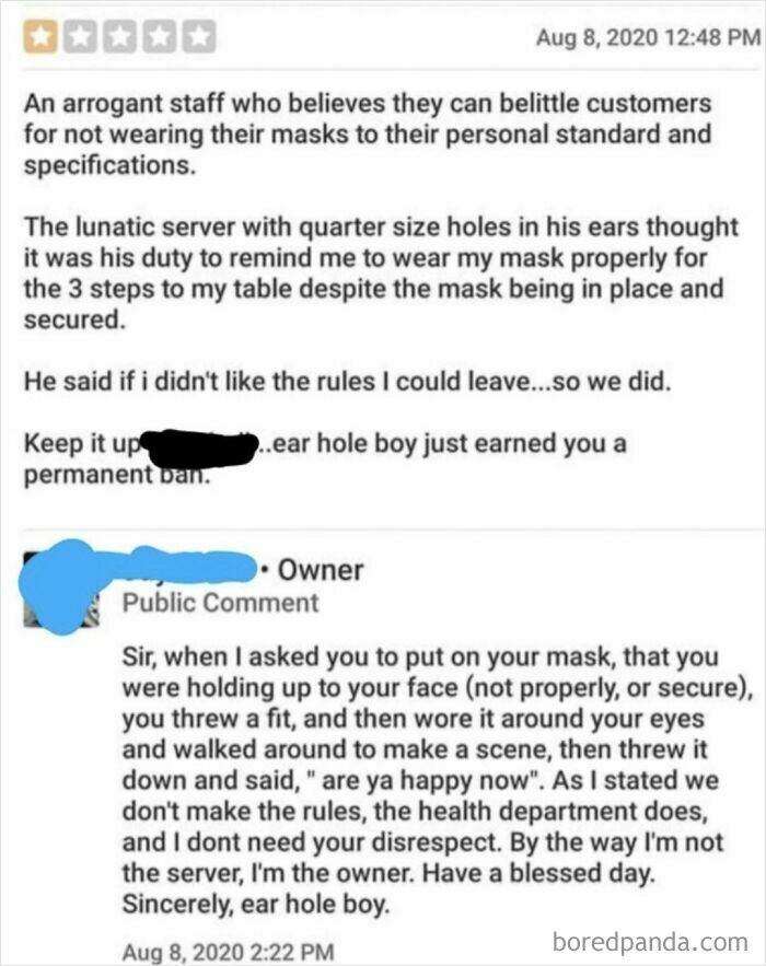 One-star absurd customer review about mask rules from entitled people and a sharp owner’s public response.