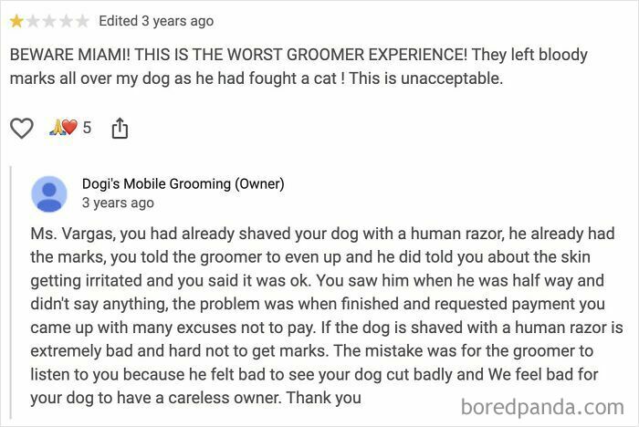 Absurd review of a dog grooming service with a customer complaining about marks and owner responding to the issue.