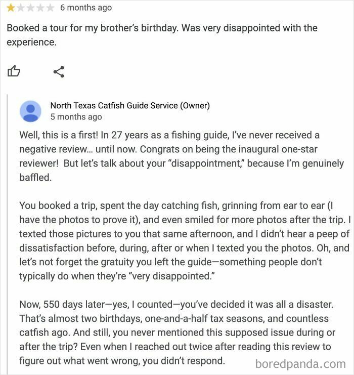 One-star absurd review from an entitled customer baffling a fishing guide after a supposedly disappointing experience.