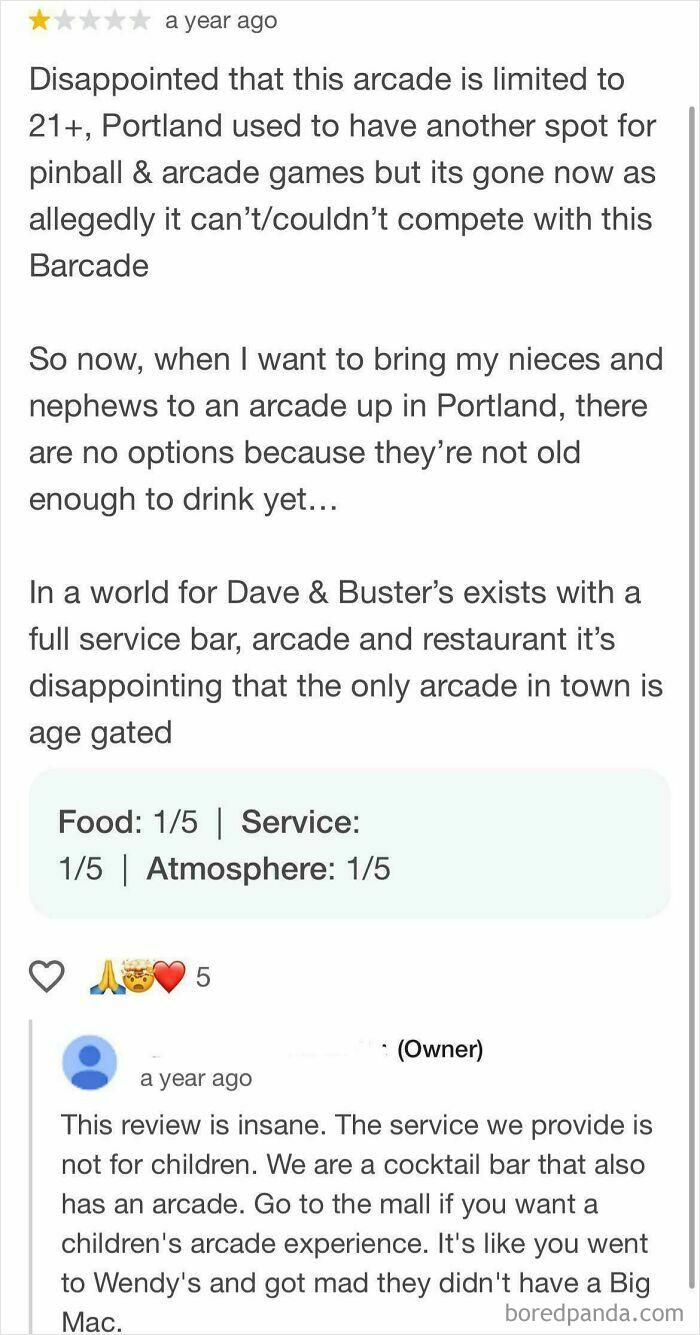 Screenshot of an absurd arcade review complaining about age restrictions and adult-only arcade experience.