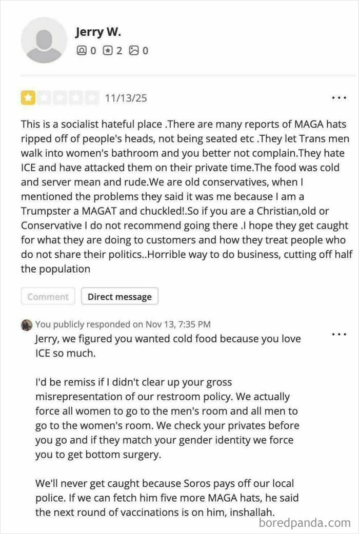Absurd review rant about politics, restroom policy, and poor service in a controversial business setting.