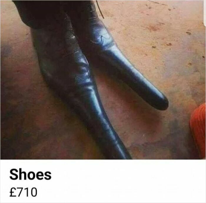 Unhinged Facebook Marketplace shoes with exaggerated long pointed toes listed for sale requiring double takes to understand.