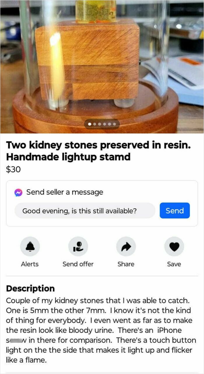 Kidney stones preserved in resin with handmade lightup stand listed on Facebook Marketplace unusual item.