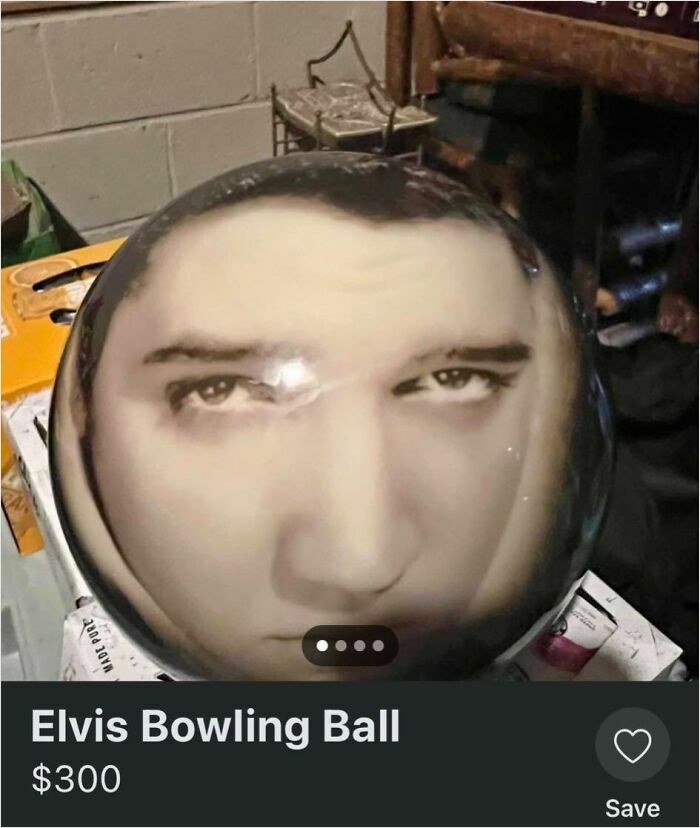 Bowling ball with a distorted face print listed on Facebook Marketplace as an unhinged pic requiring a double take to understand.