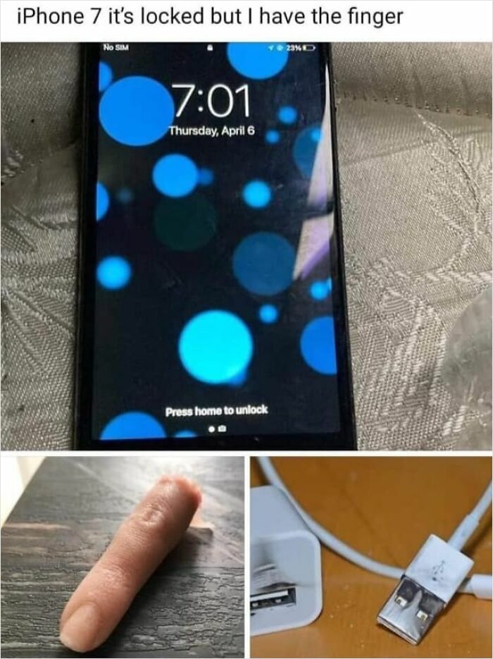 Facebook Marketplace listing showing an iPhone 7 locked with a realistic fake finger included for unlocking.
