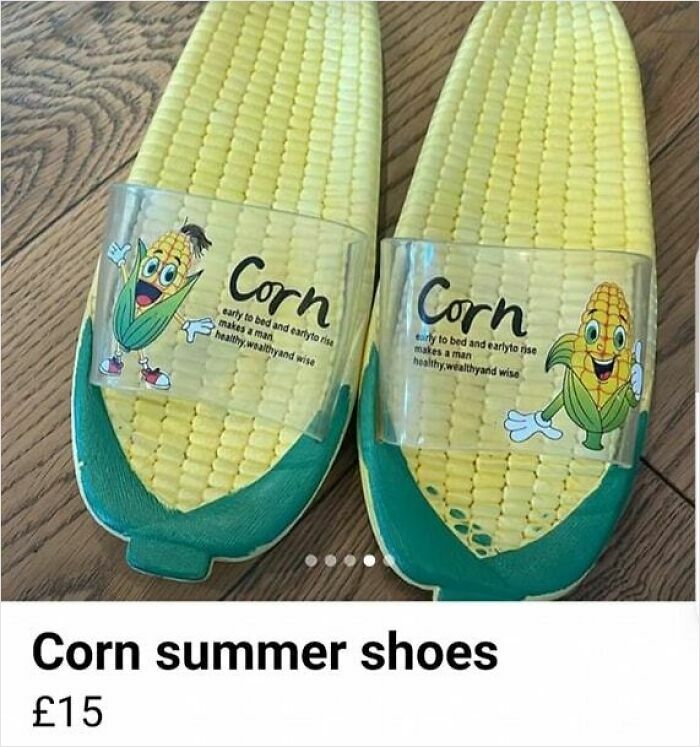 Pair of unhinged corn-themed summer shoes on Facebook Marketplace for sale with cartoon corn graphics on wooden floor background