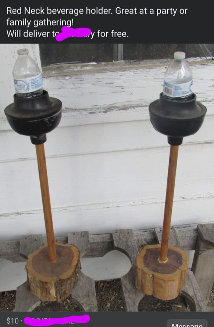 Unhinged Facebook Marketplace listing showing wooden beverage holders made from plunger heads and logs for parties or gatherings.