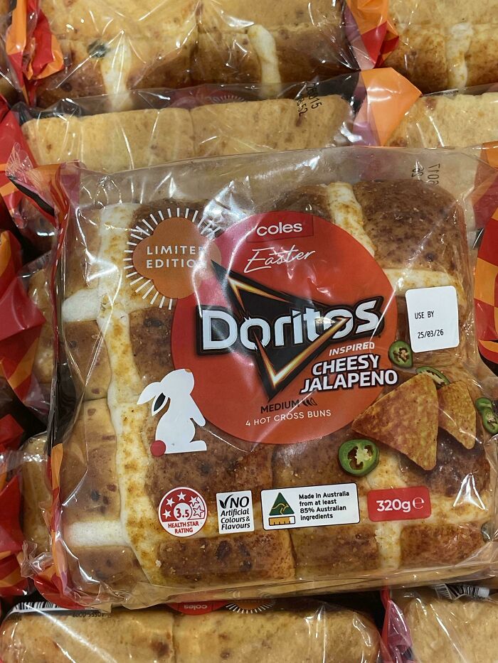 A packet of Coles Easter Doritos Inspired Cheesy Jalapeno Hot Cross Buns, an interesting Aussie product.