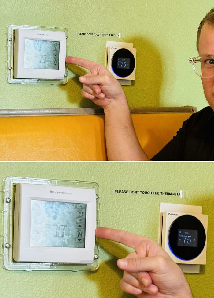 Person pointing at a thermostat behind protective casing with a notice not to touch, illustrating first-world anarchists concept.