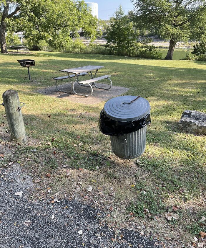 Park scene with picnic table and a trash can suspended mid-air, a puzzling unedited photo that might mess with your brain