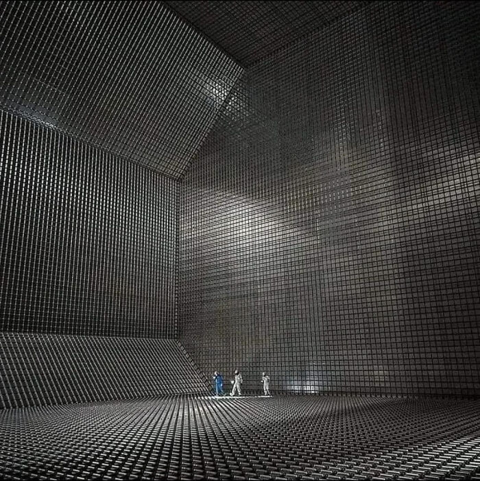 Amazing photos inside a vast, gridded structure with small figures, teaching something new with intriguing architecture.