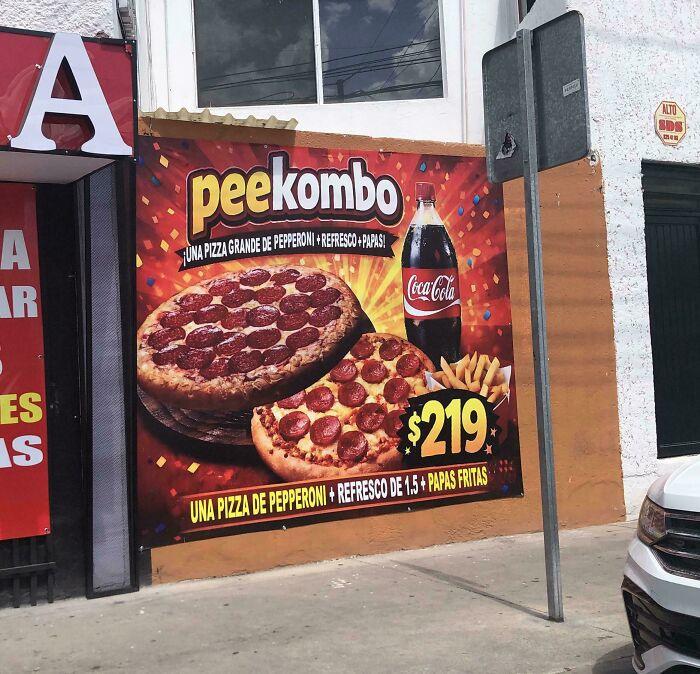 A pizza advertisement for Peekombo with a glaring typo in the product name, a funny job fail.