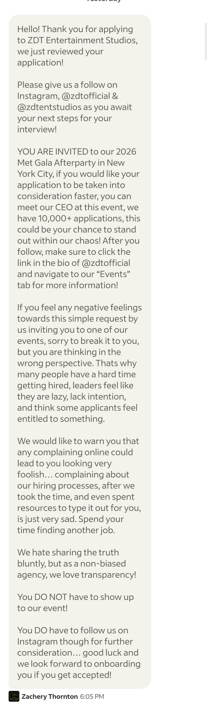 A long, complex email from ZDT Entertainment Studios about a New Job application, inviting to an exclusive party for an interview. It exemplifies recruiting hell.