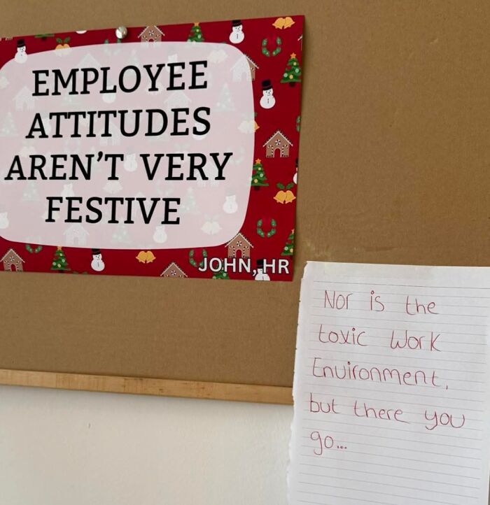 Employee attitudes note and handwritten response highlight toxic work environment in workplace photo about why no one wants to work anymore.