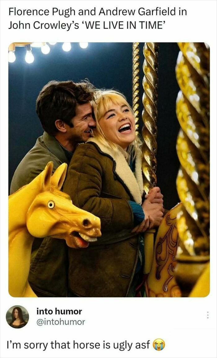 Couple happily riding a carousel horse with a funny, unusual-looking yellow horse figure in a relatable meme.