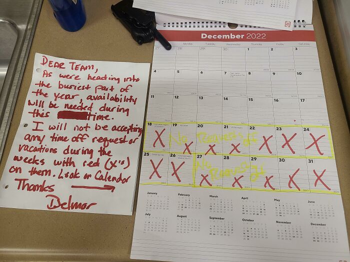 Workplace photo showing a calendar marked with restricted vacation days, illustrating why no one wants to work anymore.