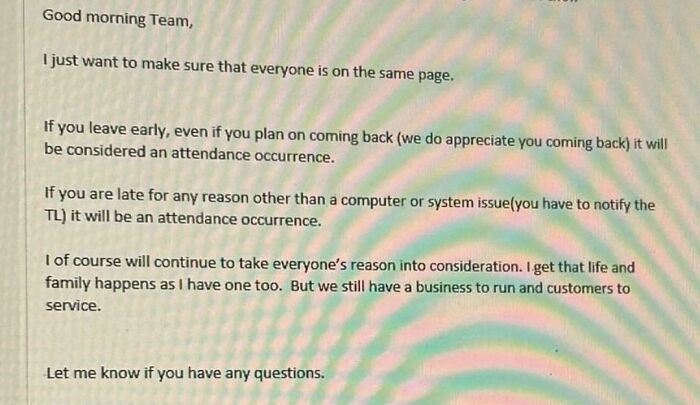 Workplace email outlining strict attendance rules, illustrating why employee morale and motivation to work have declined.