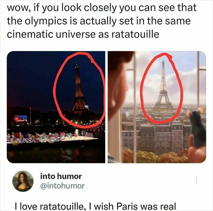 Meme comparing the Eiffel Tower in the Olympics to the one in Ratatouille, highlighting relatable and amusing humor.