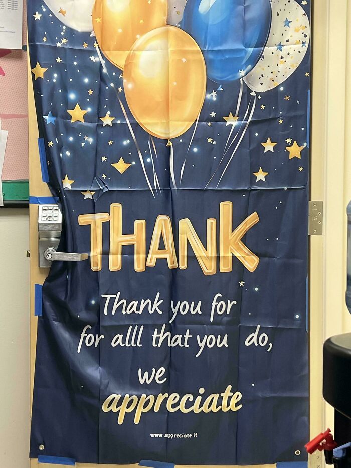 Thank you banner with balloons and stars in workplace showing why no one wants to work anymore raising concerns.