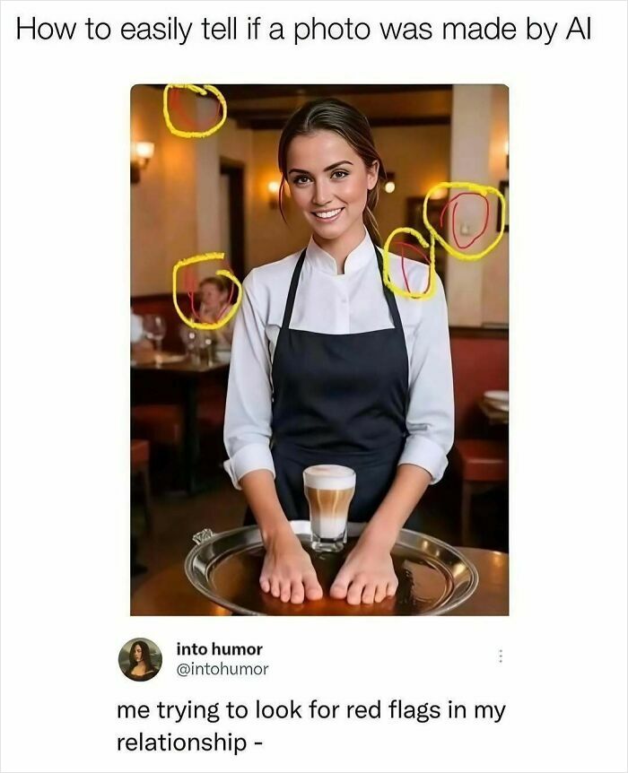 Woman with extra fingers holding a tray with coffee, highlighting red flags in a hilarious meme about relationships and AI photos.