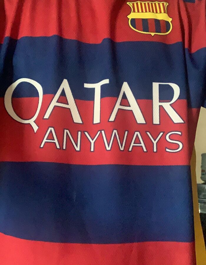 Hilariously bad t-shirt design showing a striped shirt with a misspelled Qatar Airways logo and a soccer team crest.