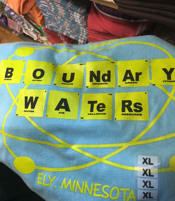 Funny bad T-shirt design using periodic table elements to spell out boundary waters with bright yellow and blue colors.