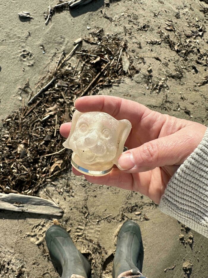 Hand holding a cool and creative glass dog figurine found outdoors on sandy ground with footprints nearby.
