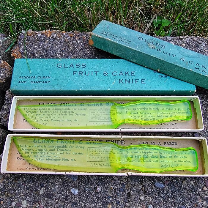Vintage glass fruit and cake knives in original packaging, showcasing cool and creative glass items for home use.