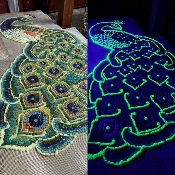 Peacock mosaic made of creative glass items, glowing under black light, perfect for unique home decor.