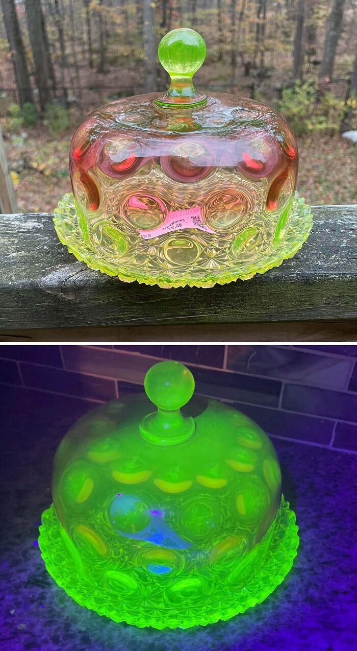 Vintage glass dome with intricate patterns glowing green under UV light, a creative glass item for home decor.