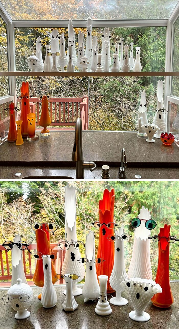 Collection of cool and creative glass items with quirky faces and glasses displayed on a kitchen window shelf.