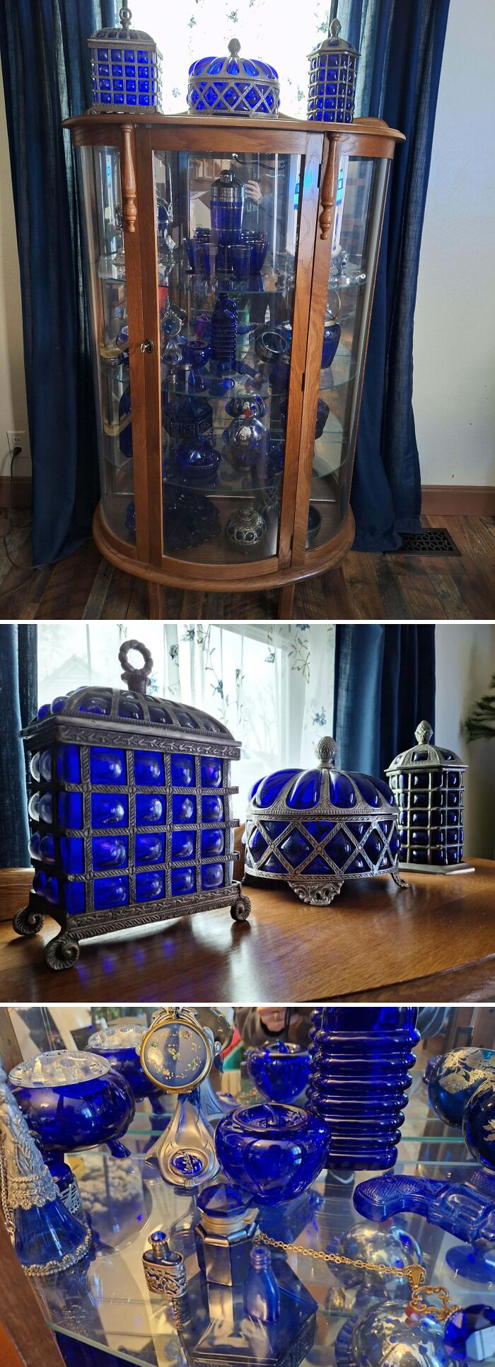 Collection of cool and creative blue glass items displayed in a wooden cabinet and on a table for home decor.
