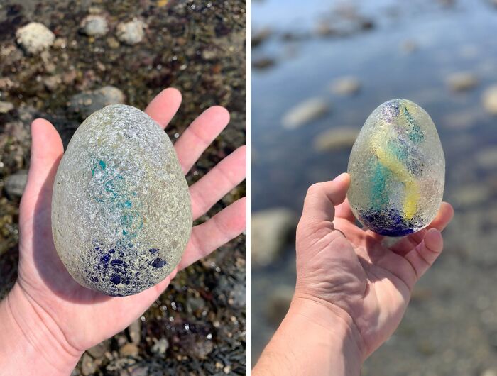 Two views of a cool and creative glass item shaped like an egg, held by a hand near a rocky shoreline.