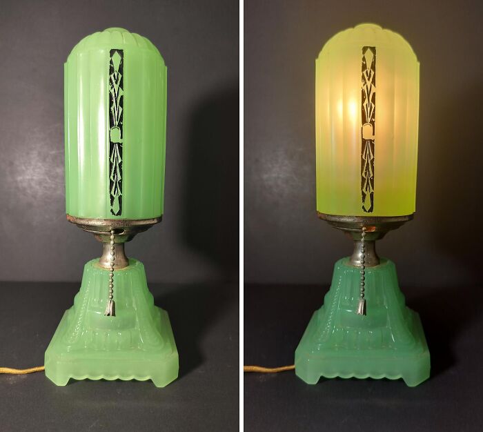 Vintage green glass lamp with decorative metal accents, shown both unlit and lit, showcasing creative glass items for home decor.