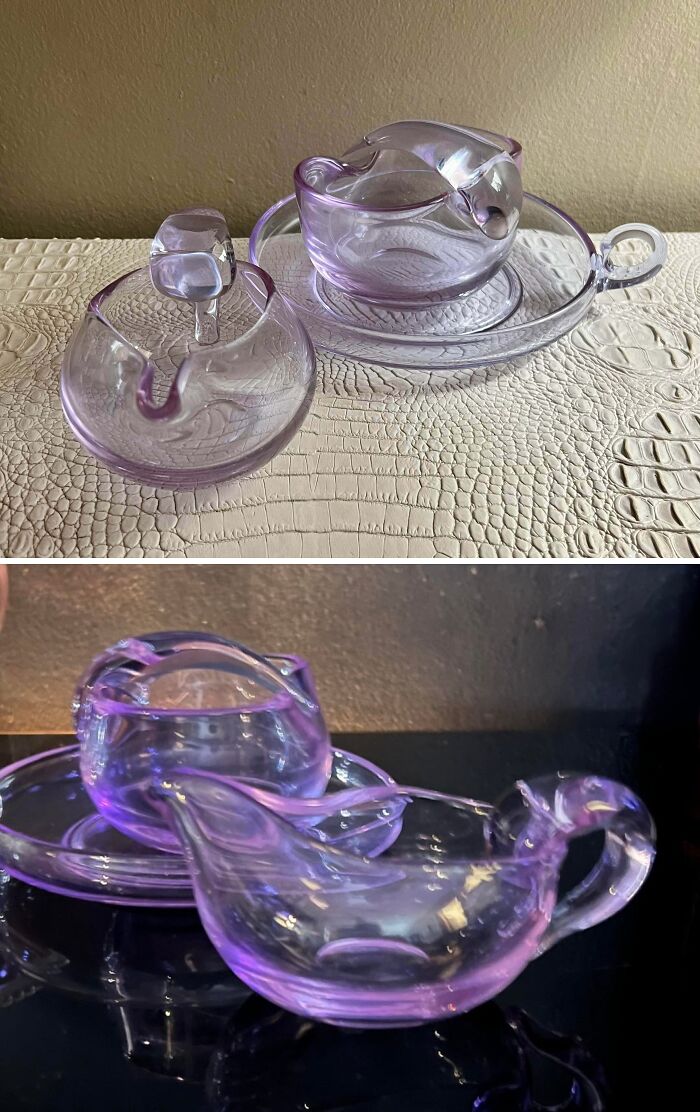 Clear lavender-toned creative glass items including a swan-shaped piece and a round lidded container for home decor.