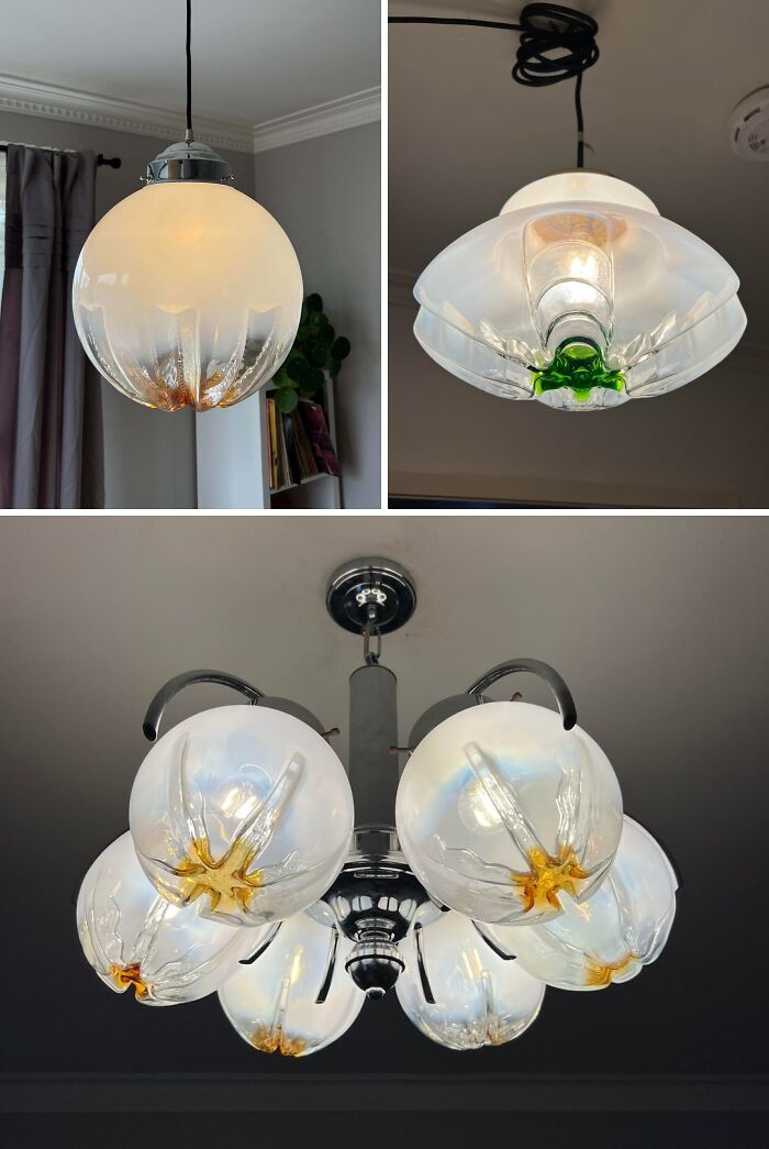 Three creative glass light fixtures with unique designs and amber accents hanging from ceilings in home interiors.