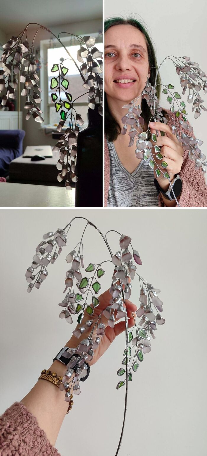 Handcrafted cool glass items with green and clear glass pieces shaped like a delicate hanging floral arrangement.
