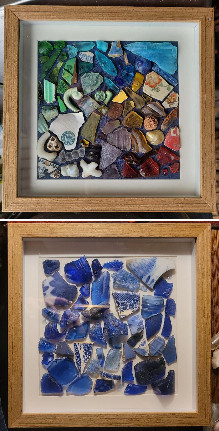 Framed creative glass items arranged artistically in a colorful mosaic display for home decor inspiration.