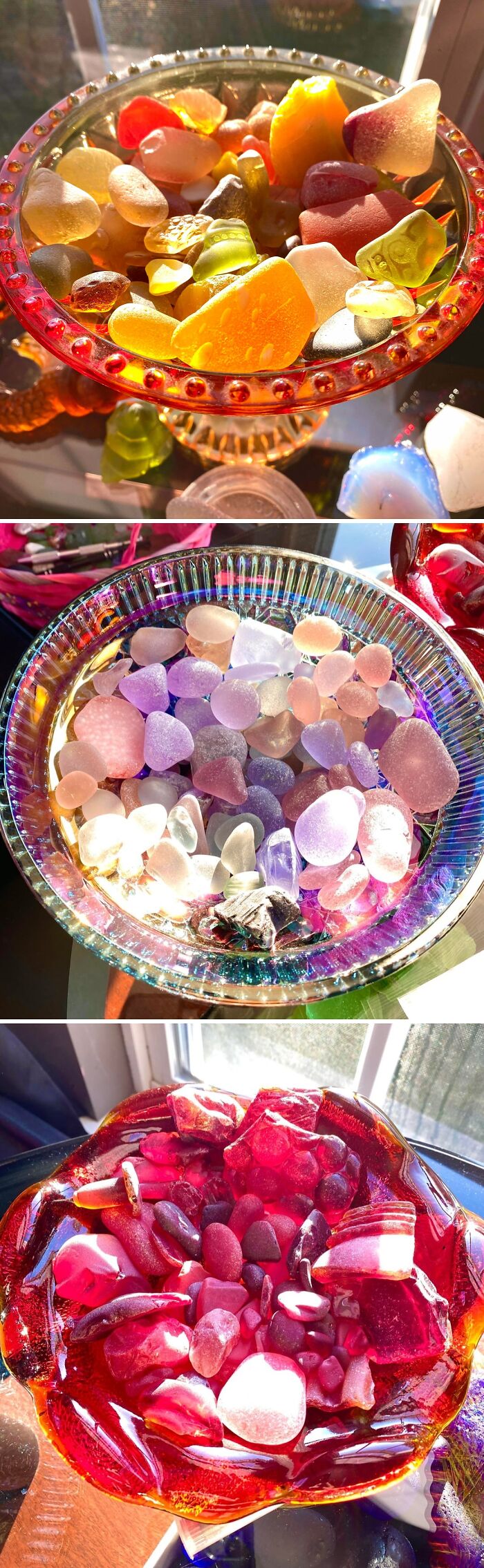 Colorful glass items displayed in decorative bowls showcasing creative glass pieces perfect for home decor inspiration.