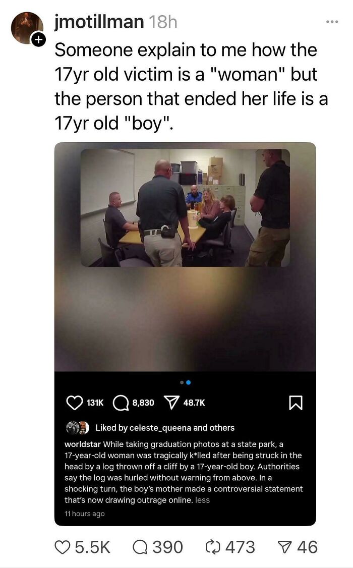 Social media post questioning gender labels in a tragic incident involving toxic men and a young woman victim.