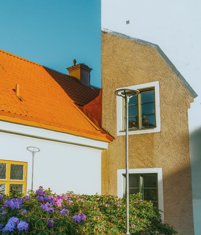 Unedited photo of a house with contrasting colored walls and roof beside blooming flowers under a clear sky.